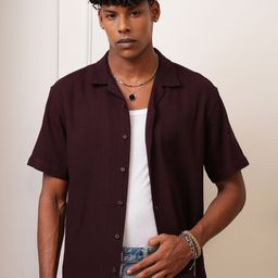 LOCOMOTIVE Men Mocklino Textured Cuban Collar Relaxed Fit Shirt-image-67