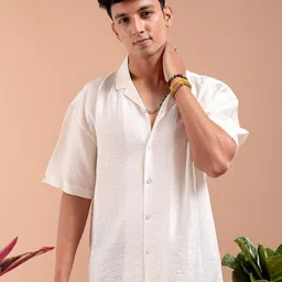 The Indian Garage Co Oversized Textured Cuban Collar Drop-Shoulder Sleeves Casual Shirt-image-45
