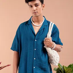The Indian Garage Co Men Relaxed Fit Dobby Self Design Resortwear Shirt-image-30