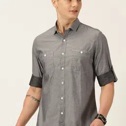 Mast & Harbour Charcoal Classic Slim Fit Pure Cotton Casual Shirt-image-5