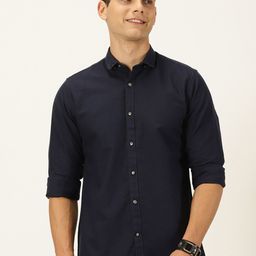 Mast & Harbour Navy Blue Classic Slim Fit Oxford Weave Pure Cotton Casual Shirt-image-77