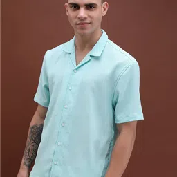 HIGHLANDER Blue Unisex Cuban Collar Drop-Shoulder Sleeves Oversized Casual Shirt-image-2