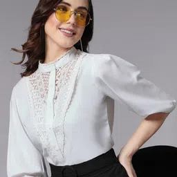 Style Quotient Band Collar Puff Sleeves Lace-Up Shirt Style Top-image-47