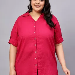 Indietoga Plus Size Pink Solid Casual Cotton Longline Shirt-picture-19