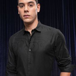 LOCOMOTIVE Luxe Slim Fit Floral Textured Jacquard Cotton Casual Shirt-image-57