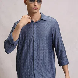 HIGHLANDER Oversized Geometric Self Design Relaxed Fit Crochet  Shirt-image-36