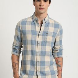 THE BEAR HOUSE Men Windowpane Checked Slim Fit Cotton Linen Shirt-image-20