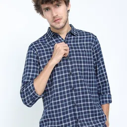 KETCH Men Navy Blue & White Slim Fit Tartan Checks Checked Casual Shirt-image-69