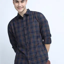 KETCH Men Navy Blue Slim Fit Tartan Checked Casual Shirt-image-26