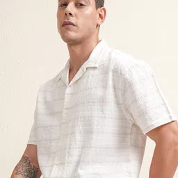 LOCOMOTIVE Premium Men Dobby Textured Striped Cuban Collar Relaxed Fit Casual Shirt-image-93