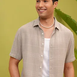 LOCOMOTIVE Premium Khaki Dobby Textured Checked Relaxed Shirt-image-97