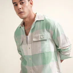 LOCOMOTIVE Premium Men Dobby Textured Checked Pockets Oversized Shirt-image-62