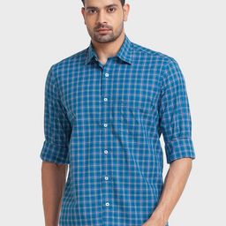 ColorPlus Men Blue Tailored Fit Checked Organic Cotton Casual Shirt-image-82