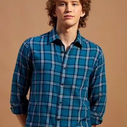 THINC Men Spread Collar Tartan Checked Cotton Casual Shirt-image-88