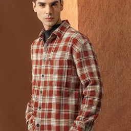Locomotive Premium Men Rust Oversized Dobby Textured Checked Overshirt-image-12