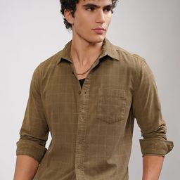 HIGHLANDER Men Spread Collar Checked Cotton Casual Shirt-image-55