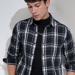 HIGHLANDER Men Slim Fit Spread Collar Checked Cotton Casual Shirt-picture-19