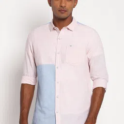 Lee Men Peach-Coloured & Blue Classic Slim Fit Colourblocked Cotton Casual Shirt-picture-25