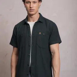 Locomotive Men Black Dobby Textured Checked Utility Pocket Regular Shirt-image-55