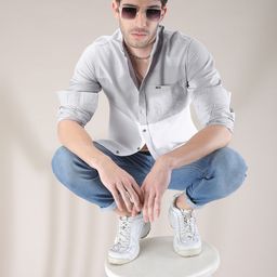 The Indian Garage Co Men Grey & White Slim Fit Colourblocked Casual Shirt-image-44