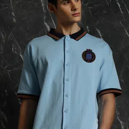 Breakbounce Blue Applique Detailed Oversized Cotton Casual Shirt-image-65