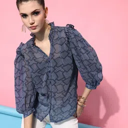 STREET 9 Women Blue & White Floral Sheer Printed Casual Shirt-image-34