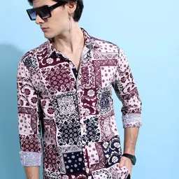 HIGHLANDER Men Pink Slim Fit Ethinic Opaque Printed Cotton Casual Shirt-picture-17
