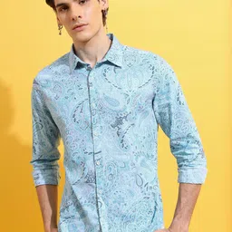 HIGHLANDER Men Blue Slim Fit Floral Opaque Printed Cotton Casual Shirt-picture-15