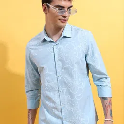 HIGHLANDER Men Blue Slim Fit Floral Opaque Printed Cotton Casual Shirt-picture-18