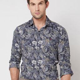 Mufti Floral Printed Spread Collar Opaque Slim Fit Cotton Casual Shirt-picture-33