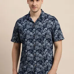 Turtle Men Floral Printed Cuban Collar Pure Cotton Casual Shirt-image-52
