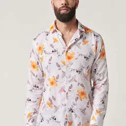 MR BUTTON Slim Fit Floral Printed Cotton Linen Casual Shirt-image-61