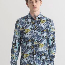 Snitch Blue Classic Slim Fit Floral Printed Spread Collar Casual Shirt-image-64
