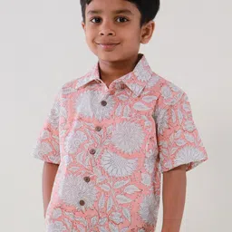 My Little Lambs Boys Classic Floral Printed Spread Collar Short Sleeves Cotton Shirt-image-84