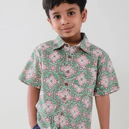 My Little Lambs Boys Classic Floral Printed Spread Collar Short Sleeves Cotton Shirt-image-77
