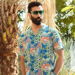 QB MEN Floral Printed Classic Cuban Collar Oversized Silk Casual Shirt-image-29