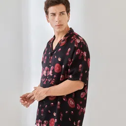 QB MEN Classic Fit Floral Printed Cuban Collar Casual Oversized Satin Shirt-image-43