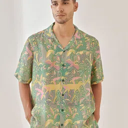 QB MEN Classic Fit Floral Printed Cuban Collar Casual Oversized Silk Shirt-image-89