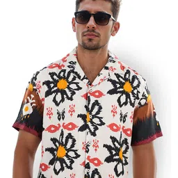 Celio Classic Floral Printed Spread Collar Short Sleeves Curved Casual Shirt-image-67