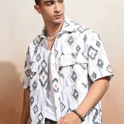 HIGHLANDER Oversized Geometric Printed Drop-Shoulder Sleeves Casual Shirt-image-26