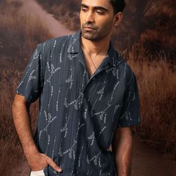 LOCOMOTIVE Premium Navy Crushed Textured Printed Cuban Collar Relaxed Shirt-image-11