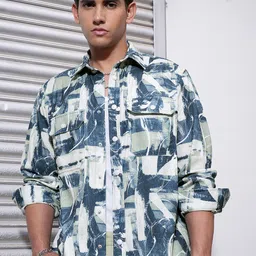 LOCOMOTIVE Premium Teal Cord Printed Utility Pocket Oversized Overshirt-image-75