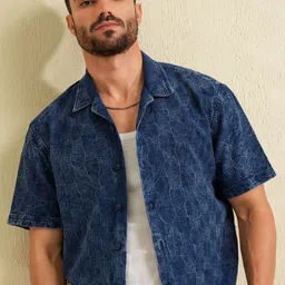 LOCOMOTIVE Blue Indigo Washed Printed Cuban Collar Cotton Relaxed Fit Shirt-image-10