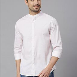 HERE&NOW White Classic Slim Fit Printed Mandarin Collar Pure Cotton Casual Shirt-image-64