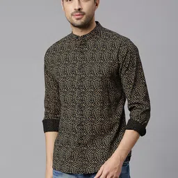 HERE&NOW Black & Brown Classic Slim Fit Printed Mandarin Collar Pure Cotton Casual Shirt-image-68