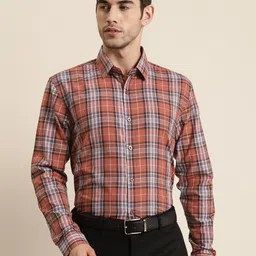 SOJANYA Men Rust Orange & Blue Classic Regular Fit Checked Pure Cotton Formal Shirt-picture-26