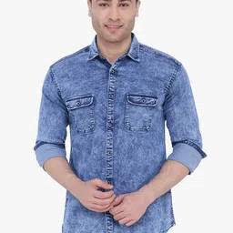 Kuons Avenue Men Blue Smart Slim Fit Faded Denim Casual Shirt-image-20