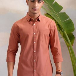 HIGHLANDER Classic Orange-Coloured Slim Fit Spread Collar Casual Shirt-28