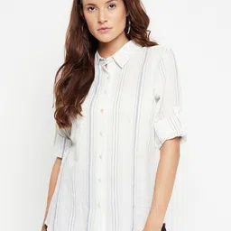 Ruhaans Women Off White Classic Striped Casual Shirt-image-41