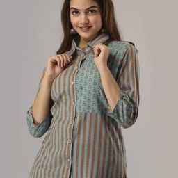 FABRIC FITOOR Women Blue Straight Slim Fit Striped Casual Shirt-image-33